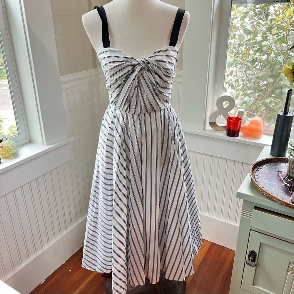 Jason Wu Striped Twisted Bodice Midi Dress White Black Size 4 - Picture 2 of 16